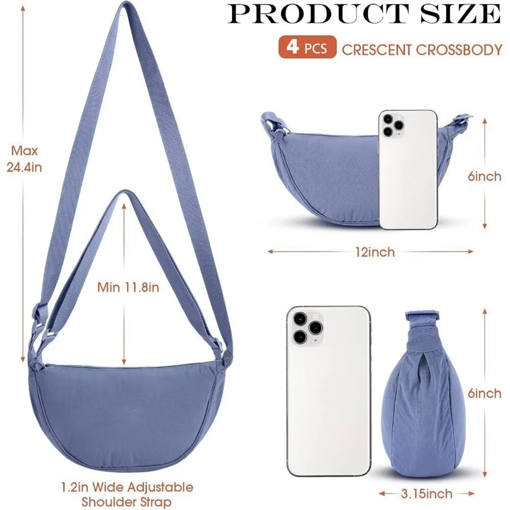 4 Pcs Nylon Crescent Crossbody Purses Sets for Women Men Travel Shoulder Bags